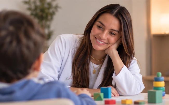 La Dra. Daniela Aldas sonríe mientras un niño juega con bloques de colores durante la consulta